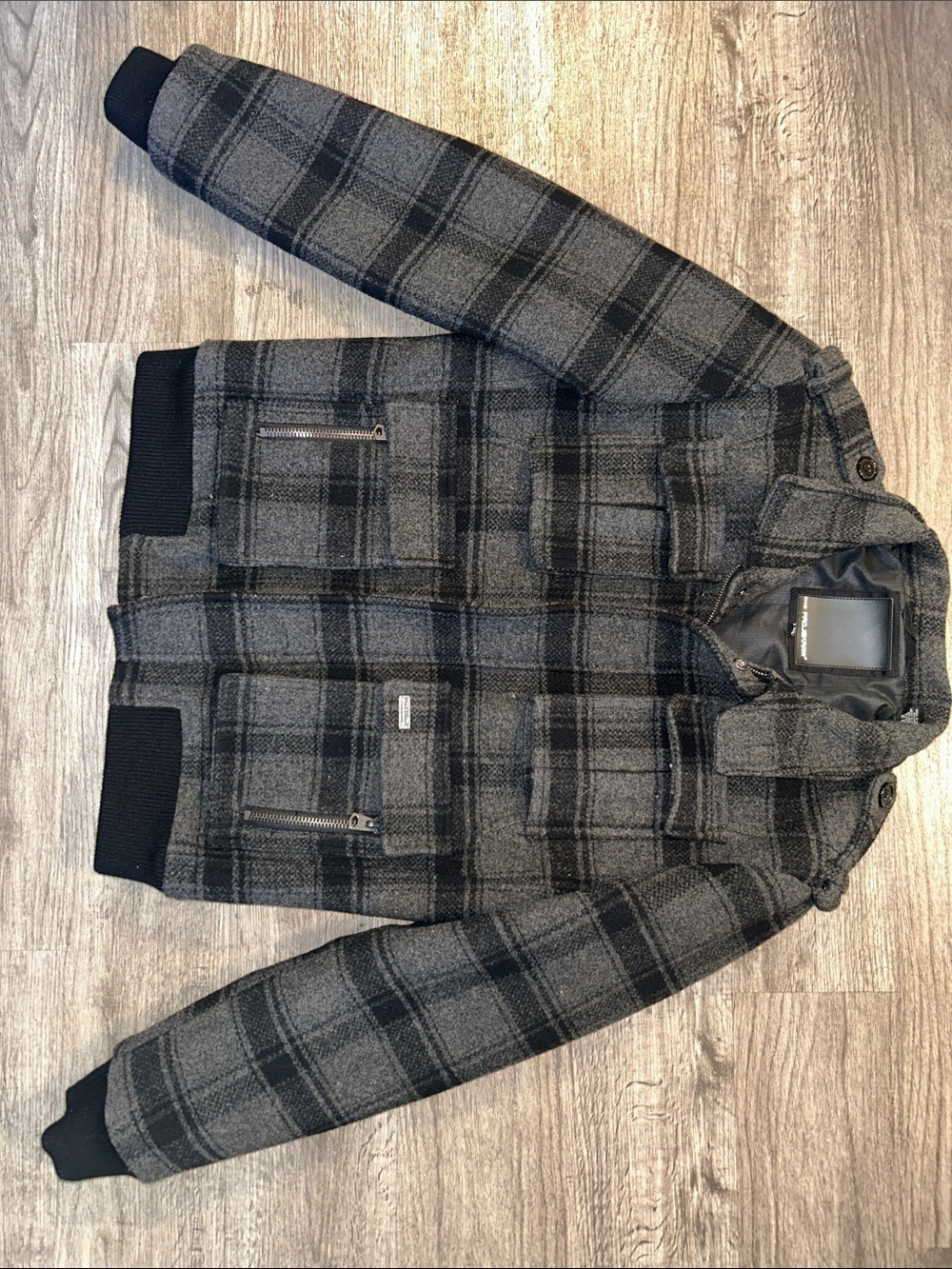 Projek Raw Wool Blend Plaid Bomber Jacket Gray Black Utility Zip Snap Men’s L - Picture 5 of 13